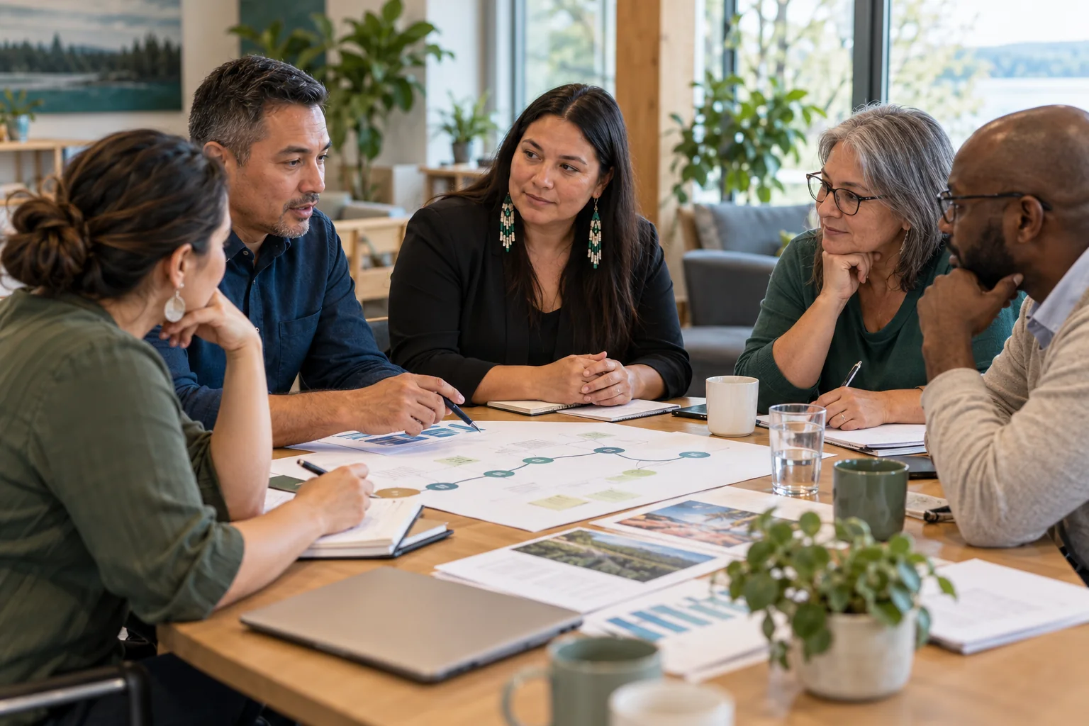 Illustration of people working together around a table on a service plan